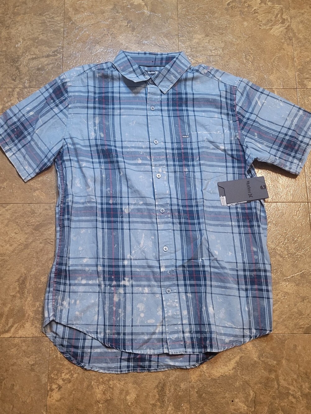 Hurley Archer Button Up Shirt Mens Medium M Blue Short Sleeve Plaid Beach Surf